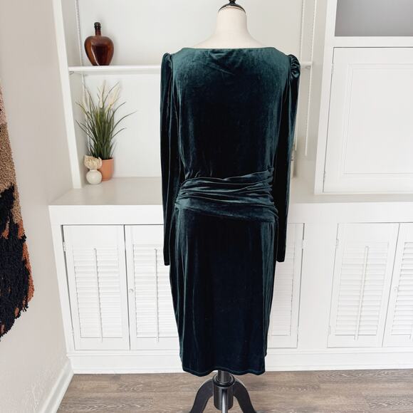 Ralph Lauren Dark Green Velvet Puff-Sleeve Ruched Cocktail Dress Size 16 - Picture 6 of 8